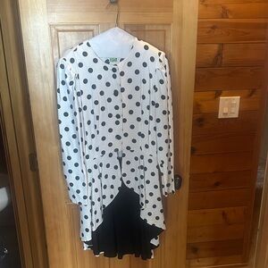 Polka Dot Asymmetric Pea Coat - with Peplum White with Black Dots